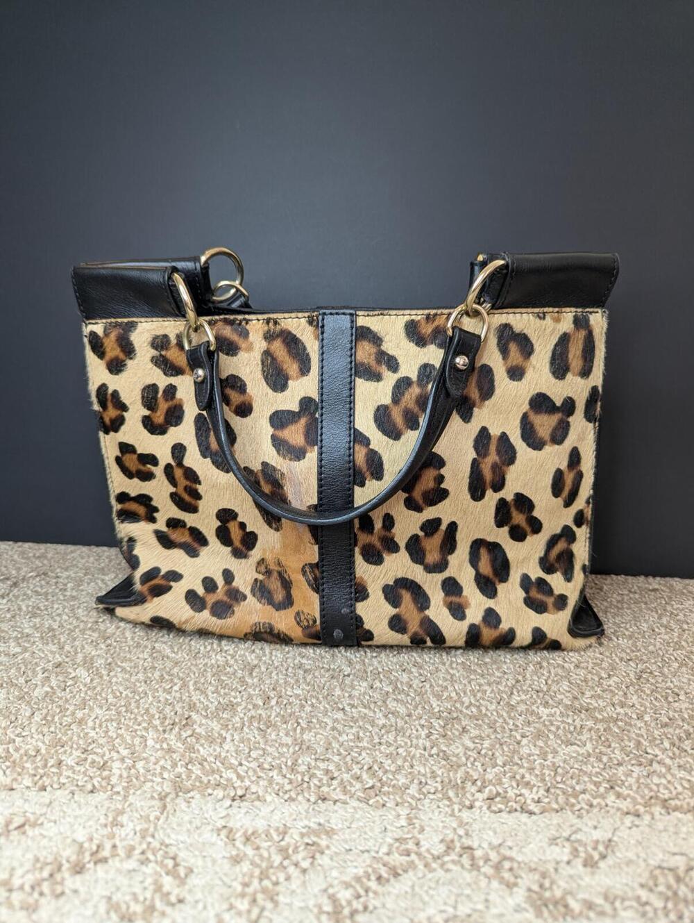 Divina Firenze Leopard Print Calf Hair Tote Bag Leather TLC Project Satchel
